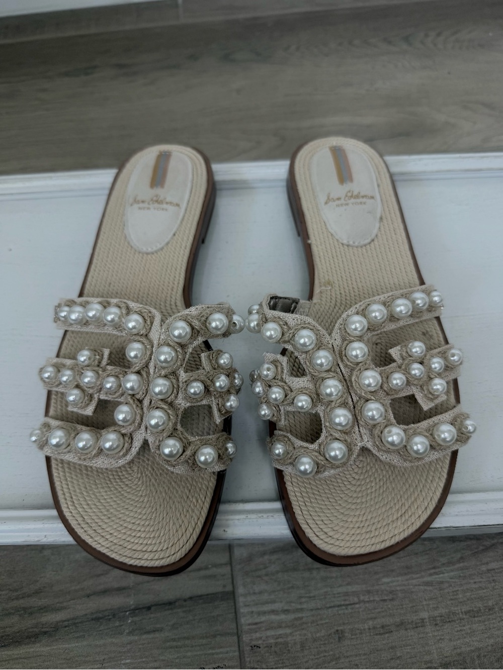 Sam Edelman Pearl-Embellished Beige Slide Sandals